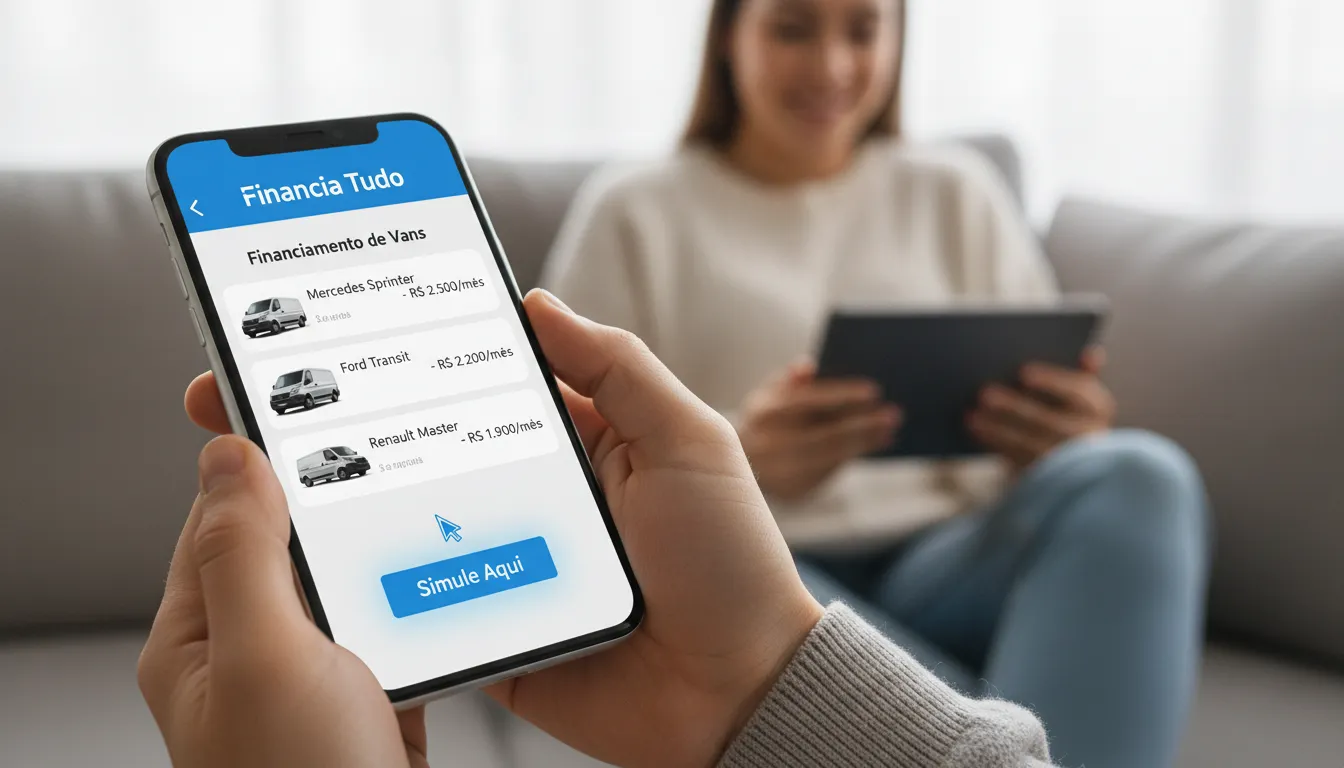 Interface do app Financia Tudo exibindo opções de financiamento de vans, com foco na facilidade e acessibilidade da plataforma.