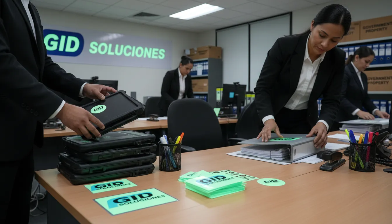 Soluciones de adhesivos GID aplicadas a productos en una oficina de compras gubernamentales, ideal para mei vender órgãos públicos con eficiencia.