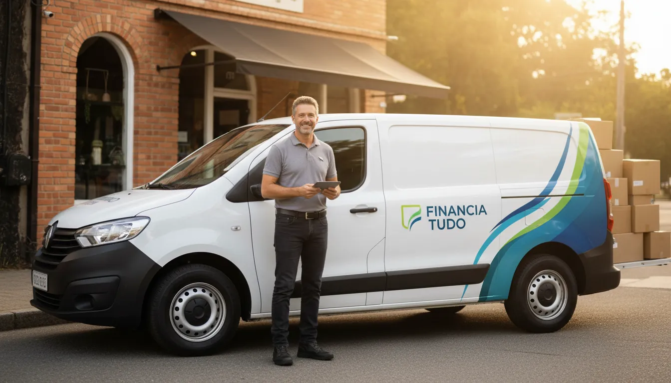 Empreendedor feliz com sua van de carga nova, um ótimo financiamento para seu negócio.