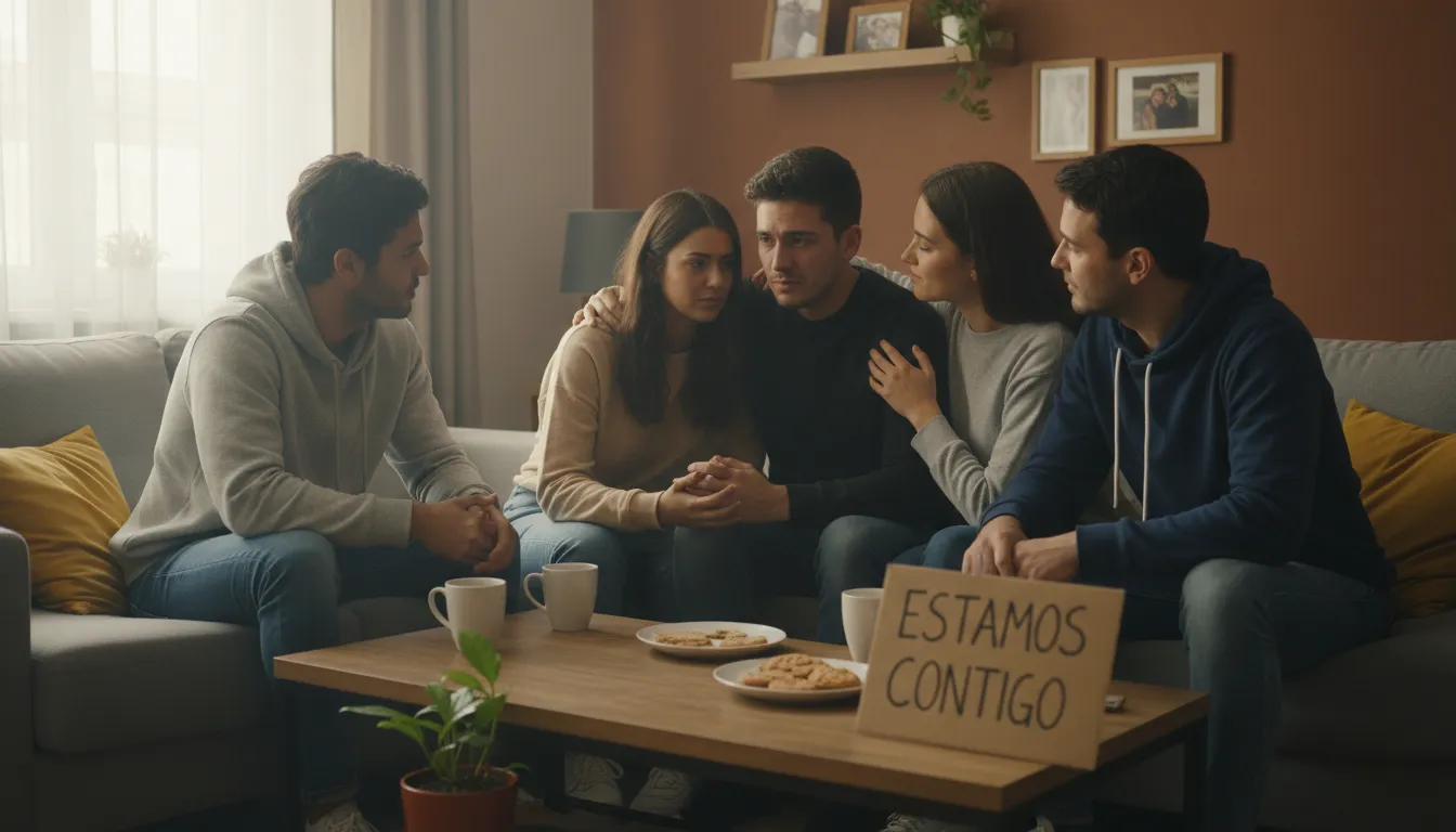 Rede de amigos acolhendo pessoa após fim de namoro em ambiente familiar