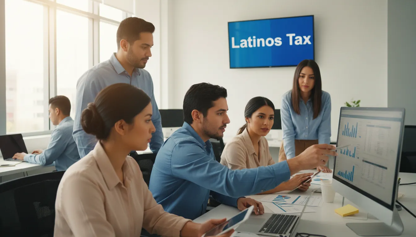 Equipo diverso de contadores trabajando en una oficina iluminada. Un contador en orlando para latinos analiza informes financieros.