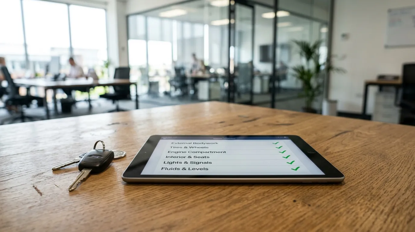 Laudo final de avaliação de veículo para crédito exibido em tablet sobre mesa.