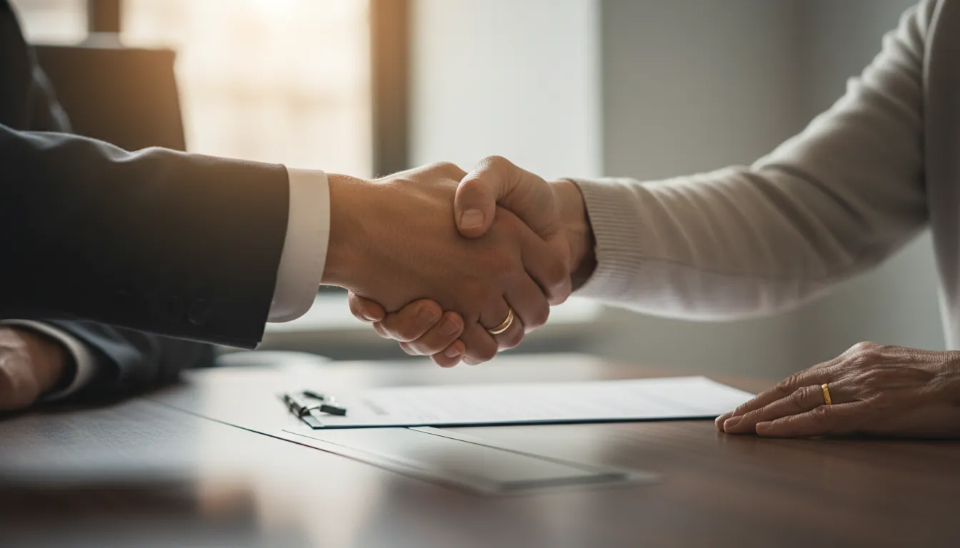 Advogado em Guaramirim e cliente apertam as mãos, simbolizando acordo em caso de plano de saúde. Confiança mútua.