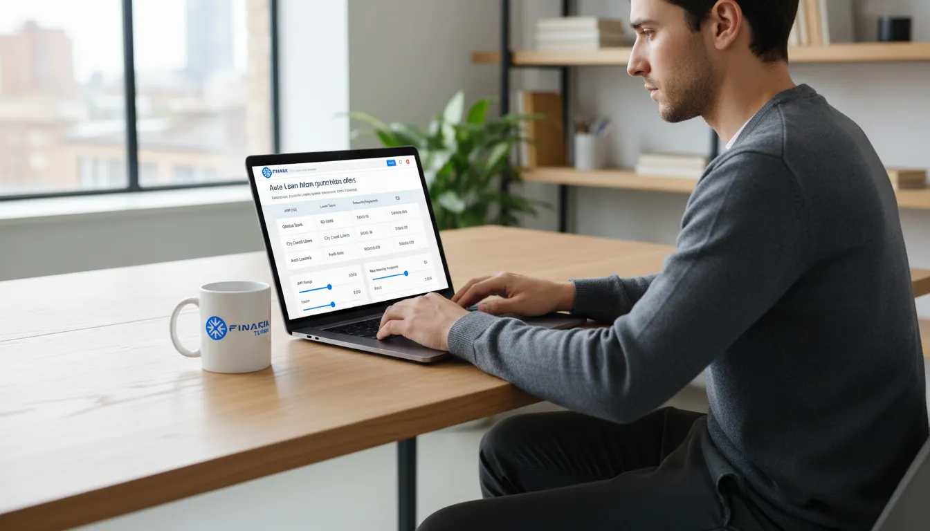 Pessoa pesquisando online opções de financiamento de veículos com menores juros e condições favoráveis no laptop.