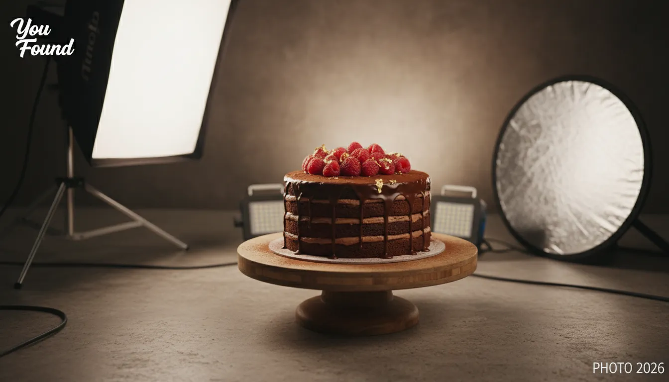 Fotógrafo profissional preparando uma cena com bolo de chocolate, mostrando dicas para foto de comida. Logotipo da YouFound discreto.
