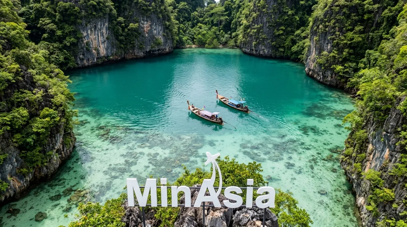 Vista aérea de lagoa cristalina cercada por paredões de rocha em Krabi na Tailândia.