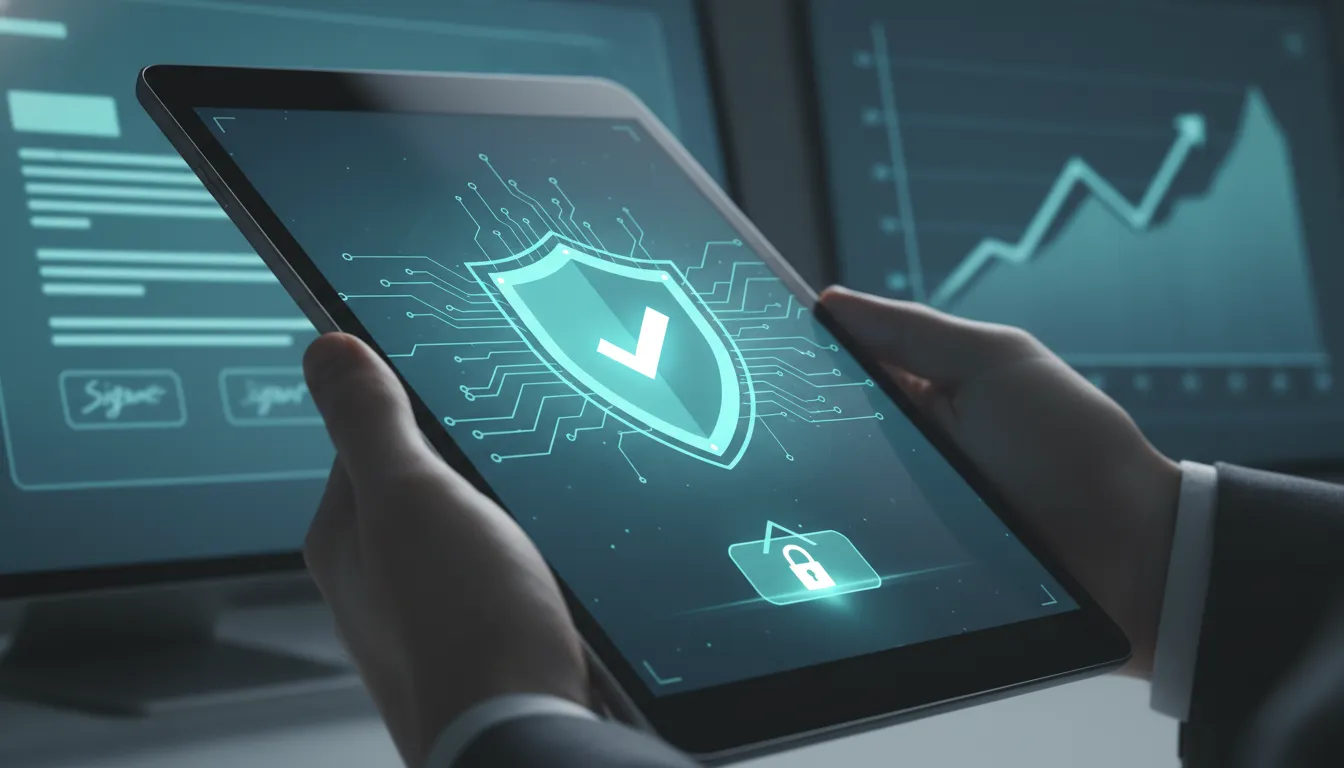 Tela de tablet exibe ícone de segurança e assinatura digital, simbolizando um fluxo de caixa blindado e contratos seguros.