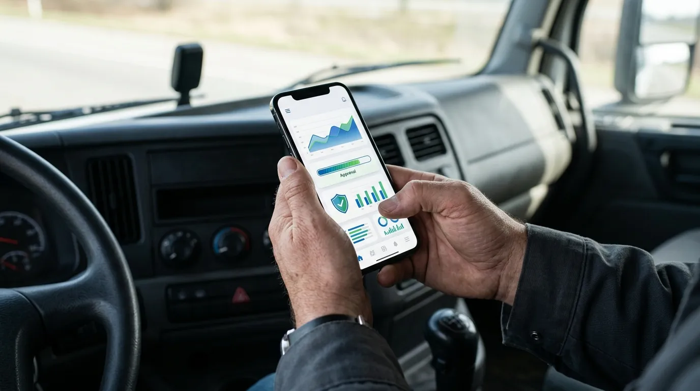Celular mostrando aprovação de empréstimo para caminhoneiro com caminhão em garantia no painel.