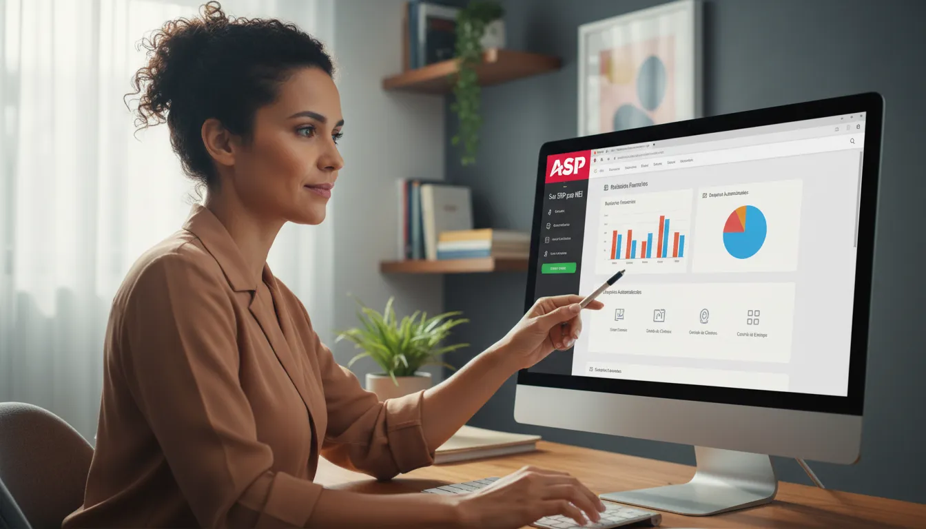 Empreendedor(a) focado(a) usando um sistema ERP da ASP Softwares, organizando as finanças e entendendo a calculadora MEI 2026.