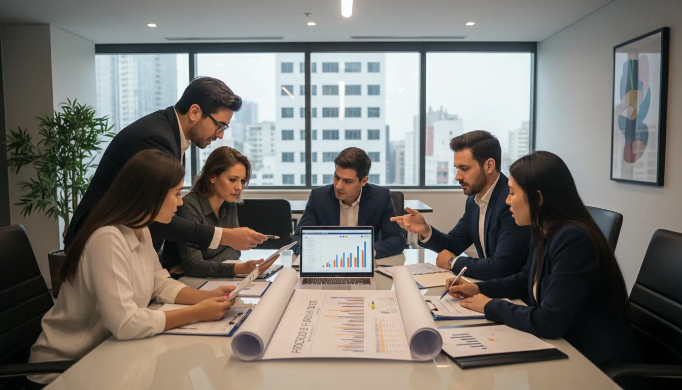 Equipe revisando planejamento financeiro para garantir recursos no término da obra