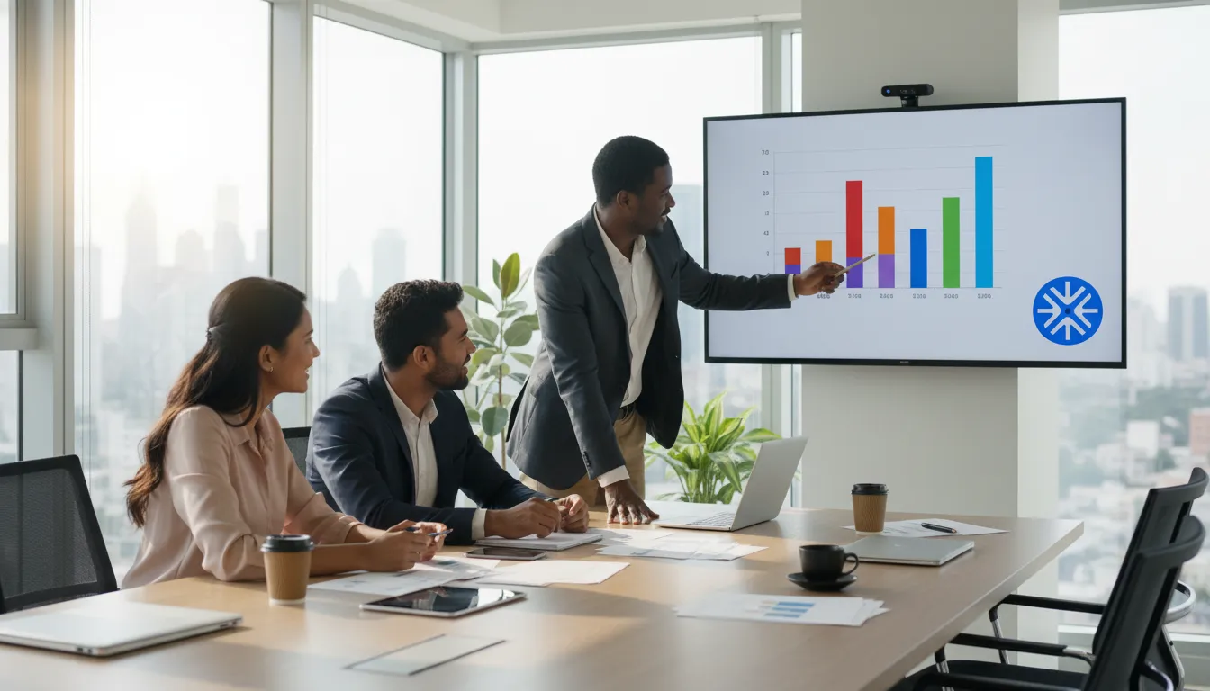 Equipe diversa analisando opções de financiamento de imóveis comerciais em um escritório moderno, com o apoio da Financia Tudo.