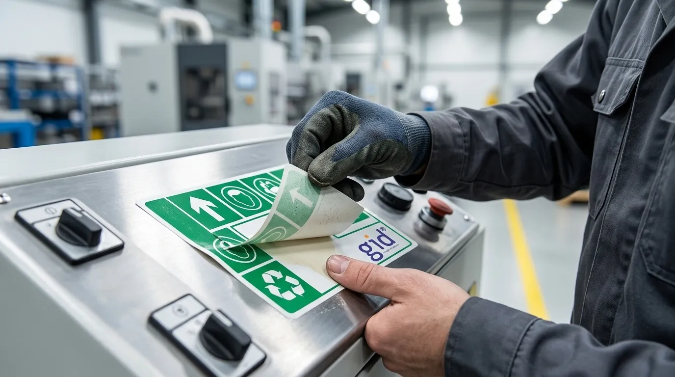 Aplicacao pratica de etiqueta 5s em painel de maquina industrial.