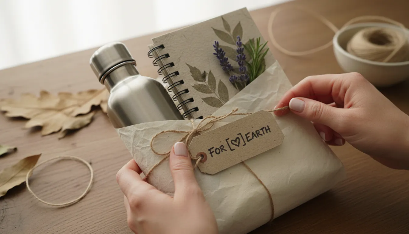 Detalhe no embrulho de kit ecológico personalizado com embalagens sustentáveis e toque cuidadoso
