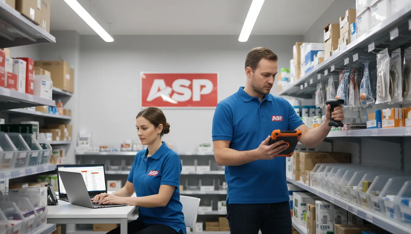 Equipe colabora no estoque com scanner e software, passo a passo, otimizando como fazer inventário de estoque com tecnologia.