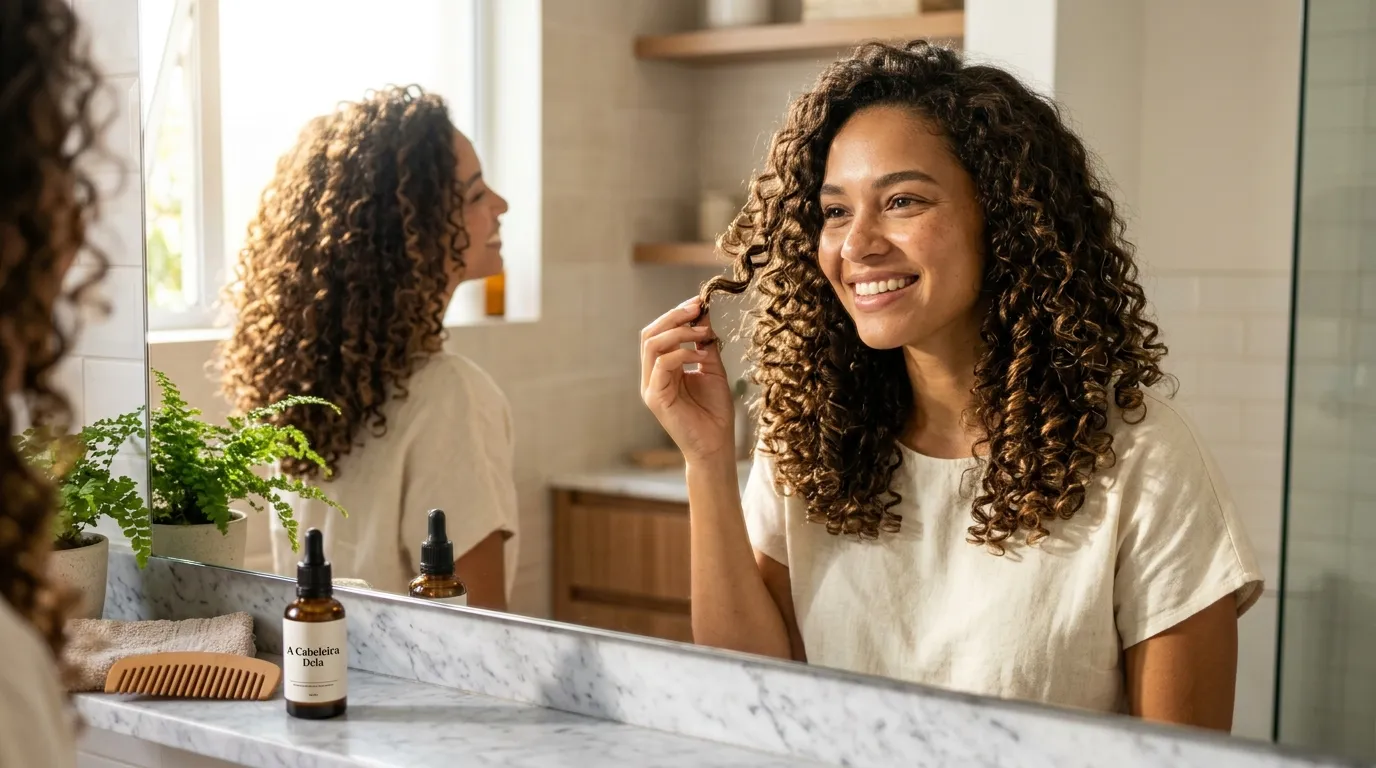 Mulher observando resultados saudáveis com biotina para cabelo em frente ao espelho.