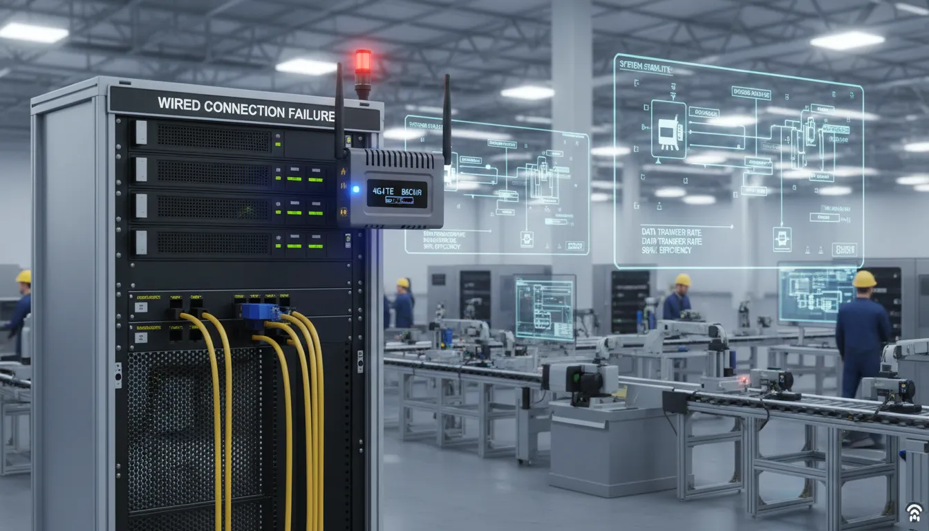 Ambiente industrial com equipamentos IoT operando conectados via rede backup 4G/LTE.