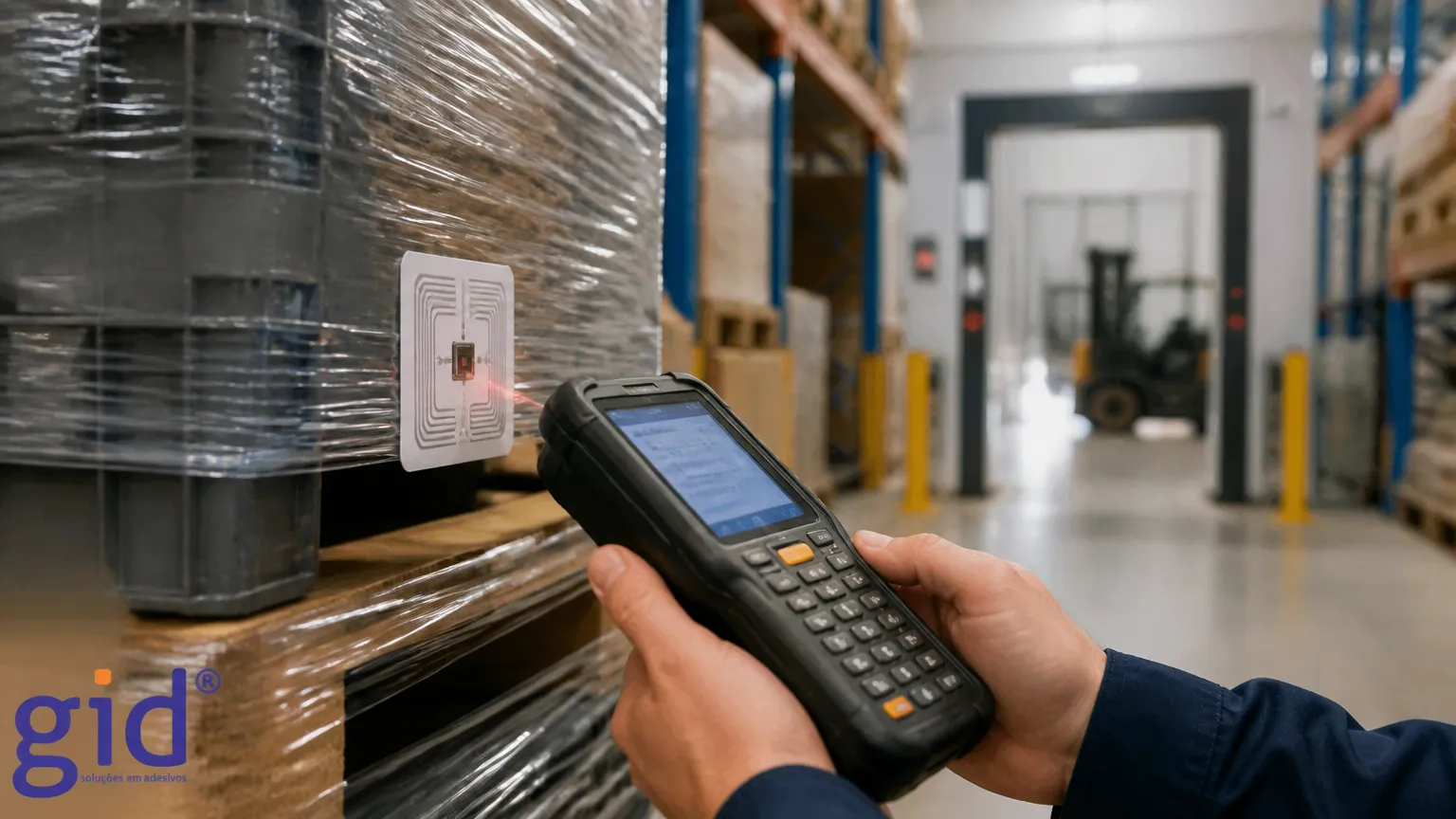 Leitura de etiqueta rfid em pallets industriais para gestão ágil de estoque fabril.