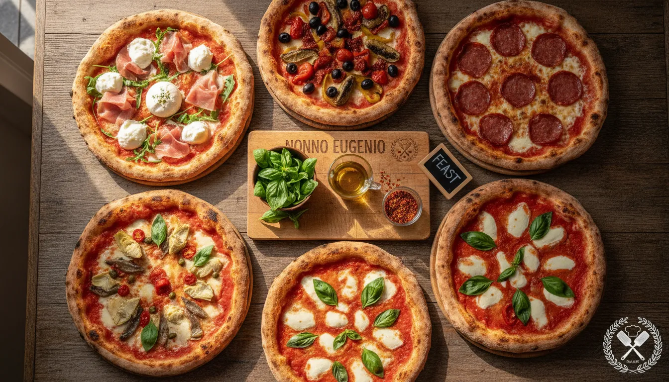 Variedade de pizzas napolitanas frescas sobre mesa de madeira, prontas para um memorável rodízio de pizzas.