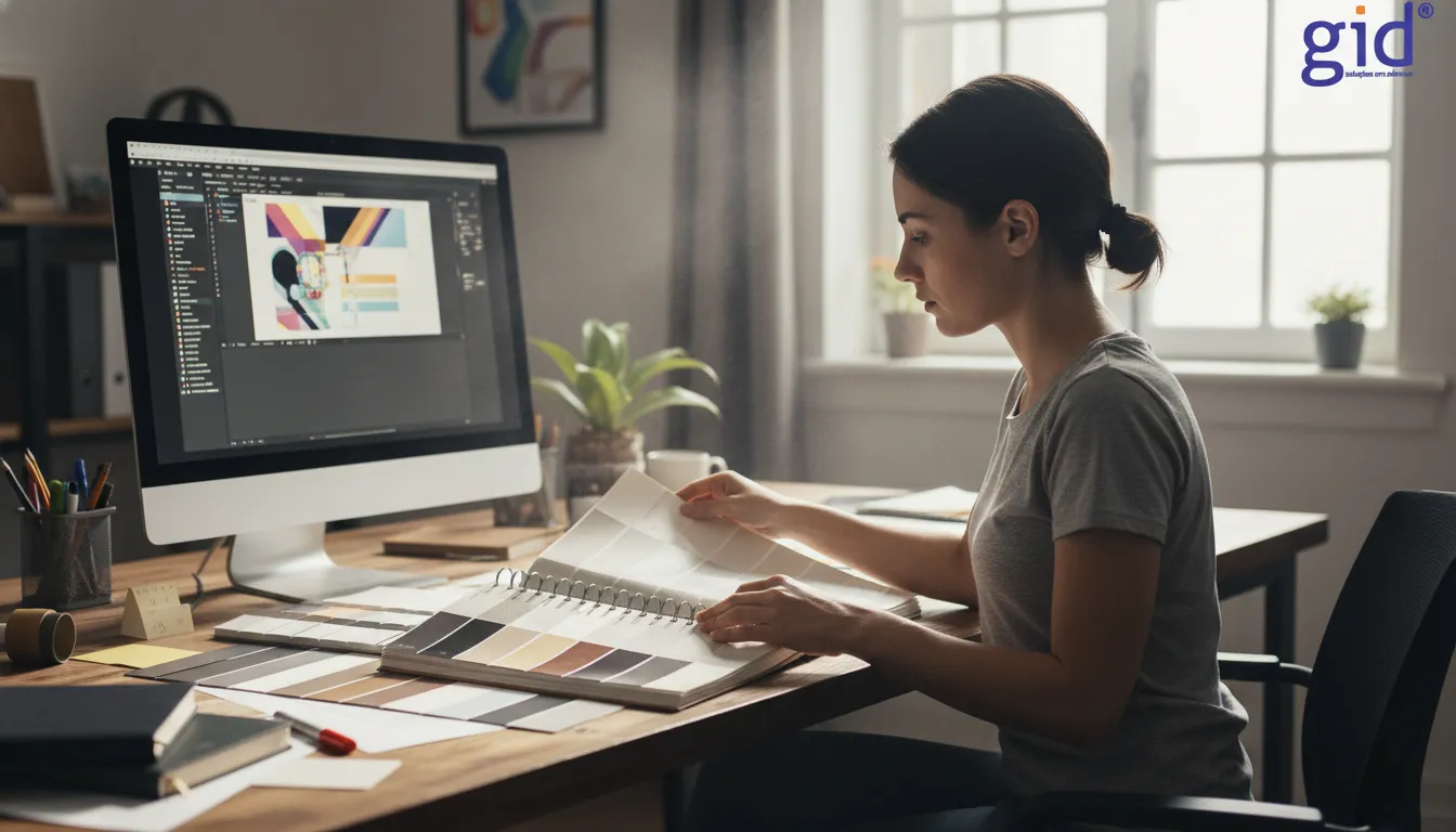 Designer selecionando amostras de papel couche para um projeto, em estúdio iluminado.