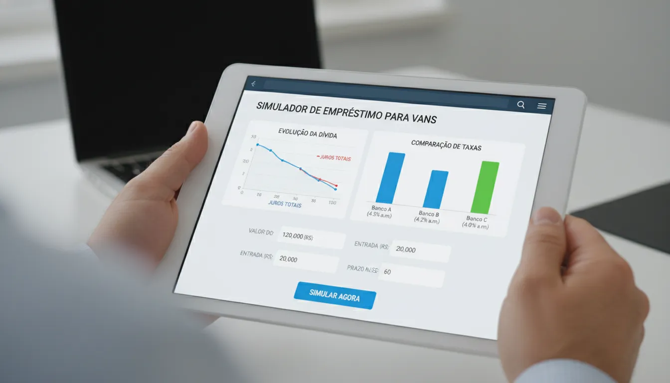 Simulação de empréstimo para vans exibindo comparativo de taxas em tablet moderno.