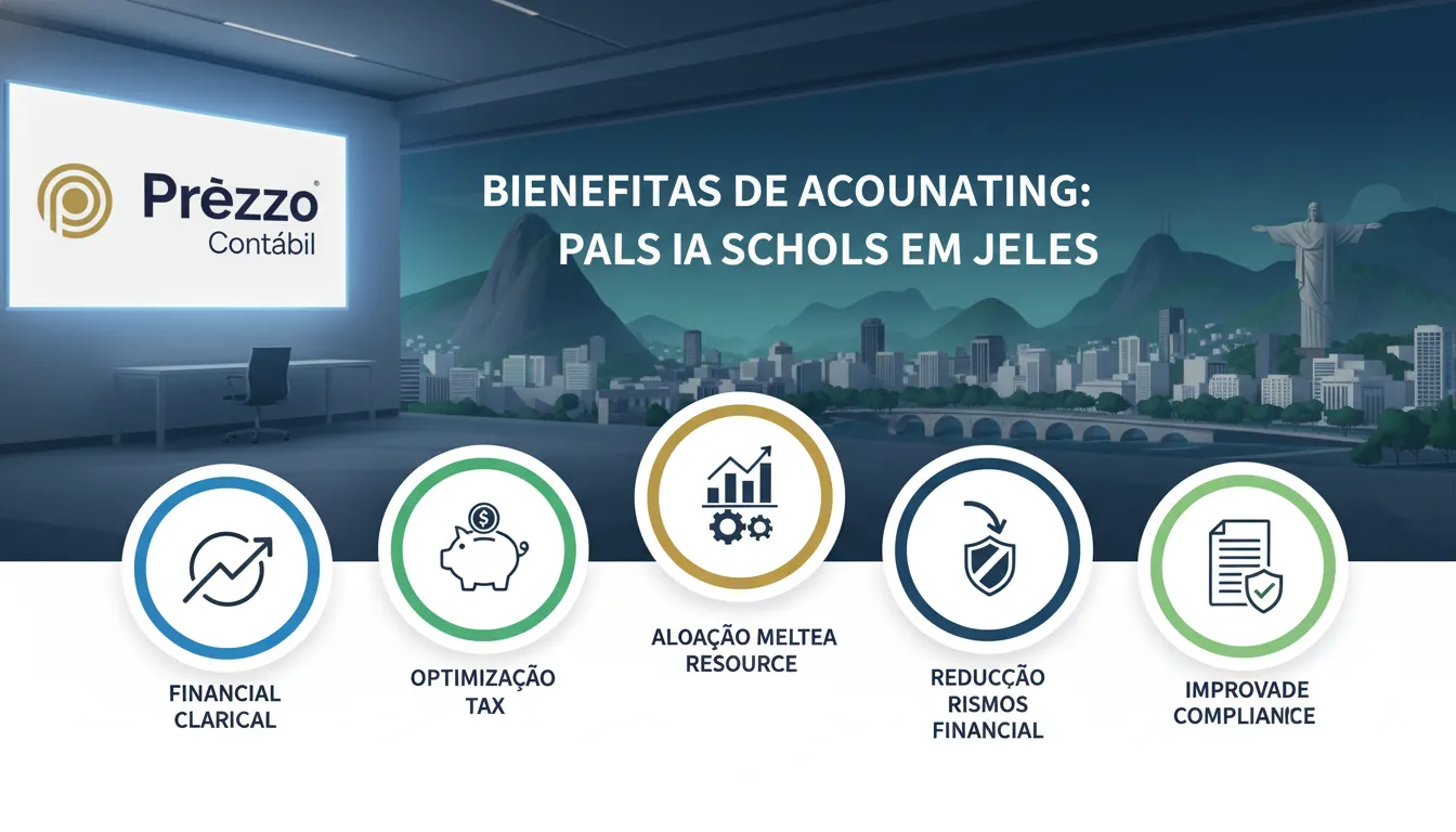 Infográfico com os 5 benefícios da Contabilidade para Escolas no Rio de Janeiro, oferecida pela Prezzo Contábil.
