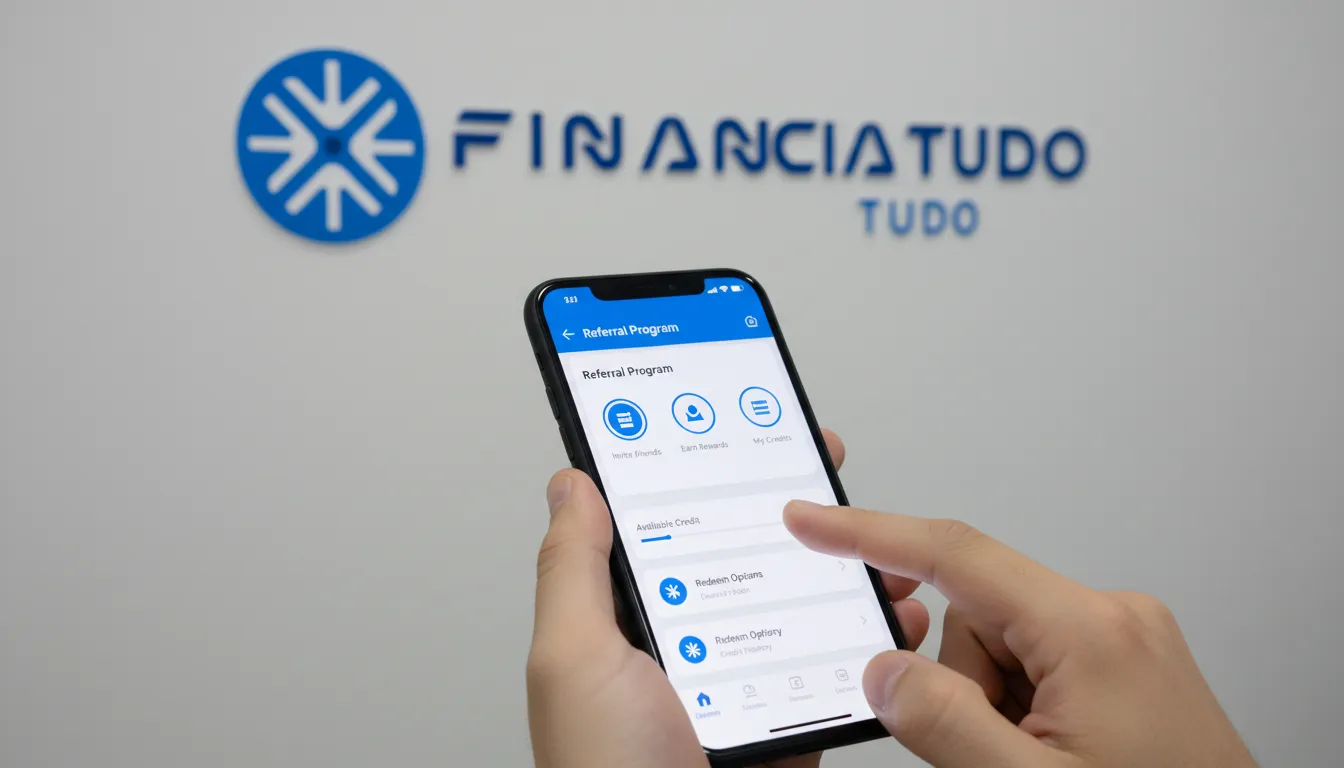 Interface de aplicativo mostrando programa de indicação, facilitando ganhar dinheiro com indicações de crédito.