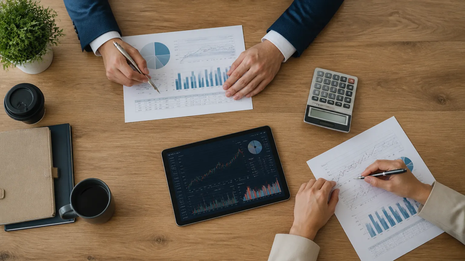 Planejamento comercial e indicações financeiras para autônomos em reunião consultiva.