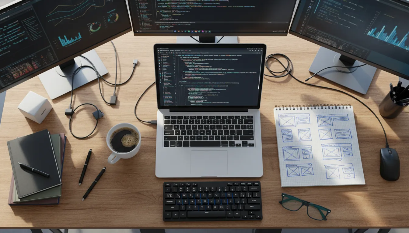Visão aérea da mesa de um desenvolvedor web com laptop mostrando código limpo, representando a criação de sites profissionais e eficientes.