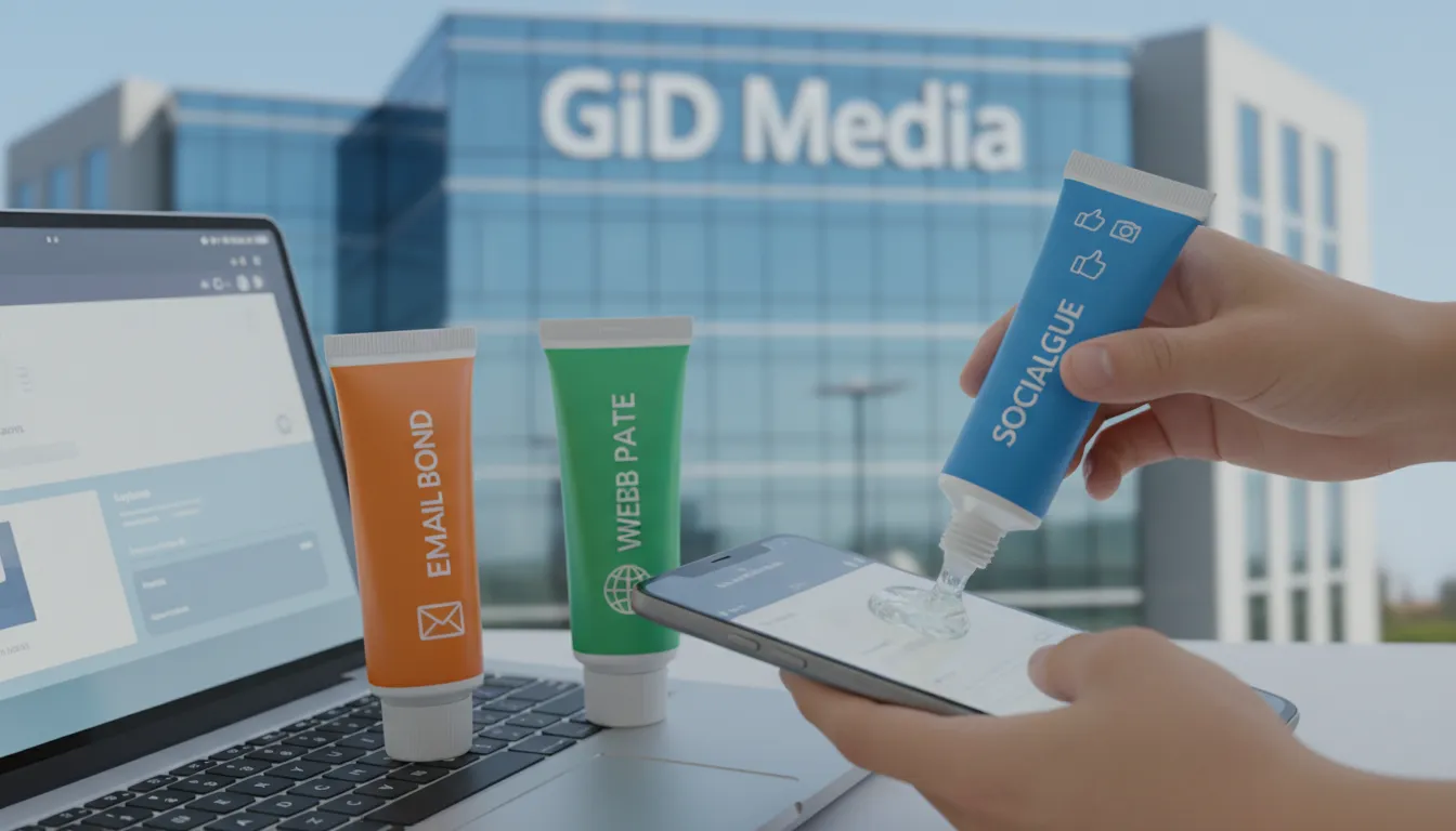 Primer plano de adhesivos representando los tipos de medios digitales, aplicados en dispositivos, con GID ofreciendo soluciones personalizadas.