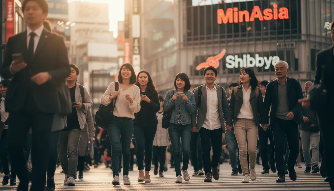 Close-up de pedestres atravessando o shibuya crossing, com foco nas expressões e diversidade. MinAsia e Shibuya aparecem sutilmente em placas e letreiros.