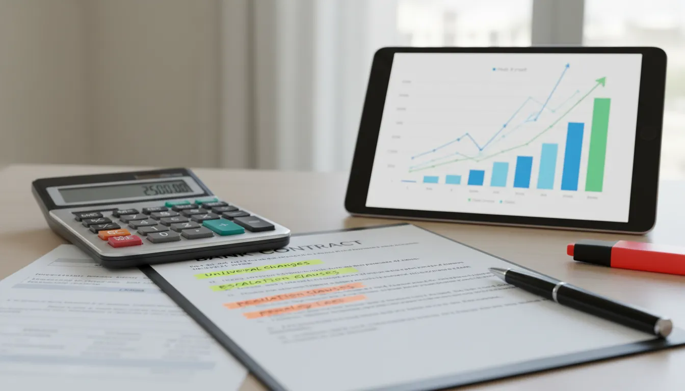 Mesa com contrato bancário aberto, marcações em cláusulas abusivas e calculadora, representando revisão contratual