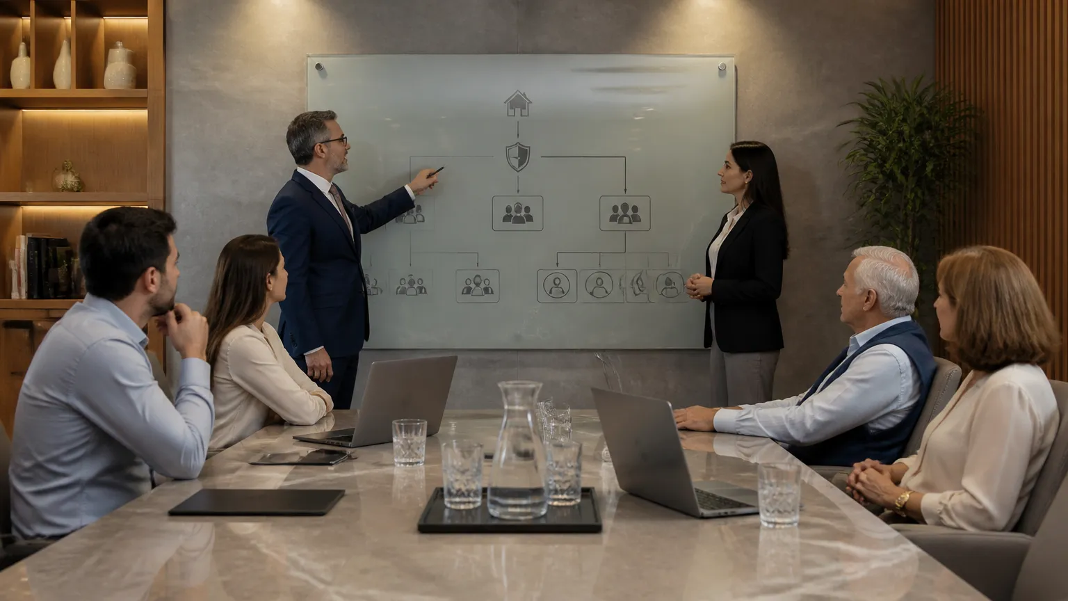 Reunião de planejamento sucessório estratégico demonstrando como fazer testamento combinado com holding familiar.