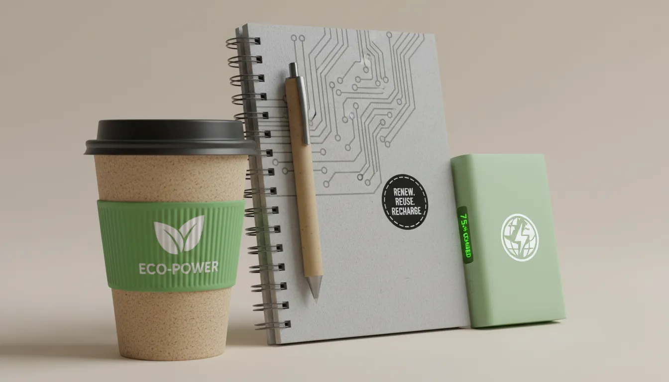 Kit de brindes ecológicos e tecnológicos personalizados para o Dia do Amigo, sobre fundo neutro.