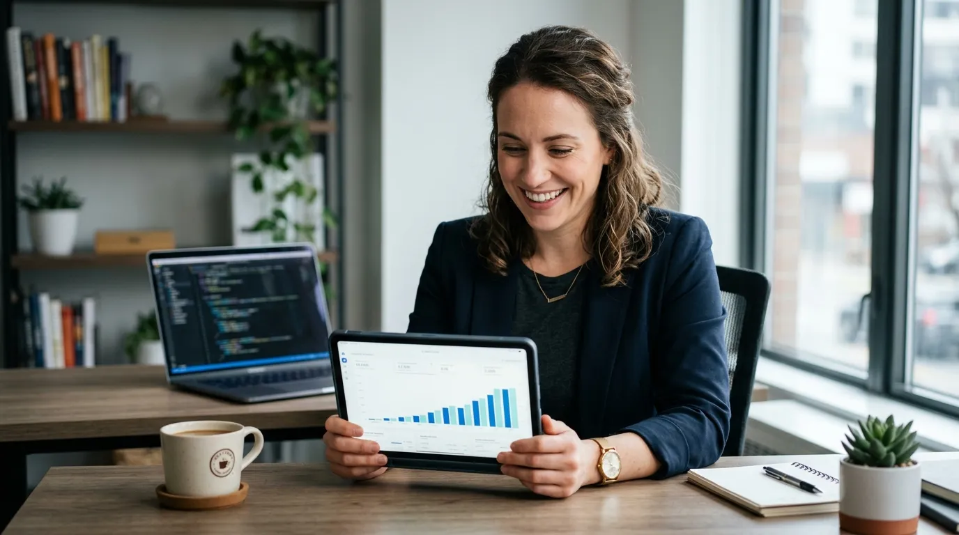 Empreendedor acompanha evolução de sua receita recorrente com clientes no tablet.