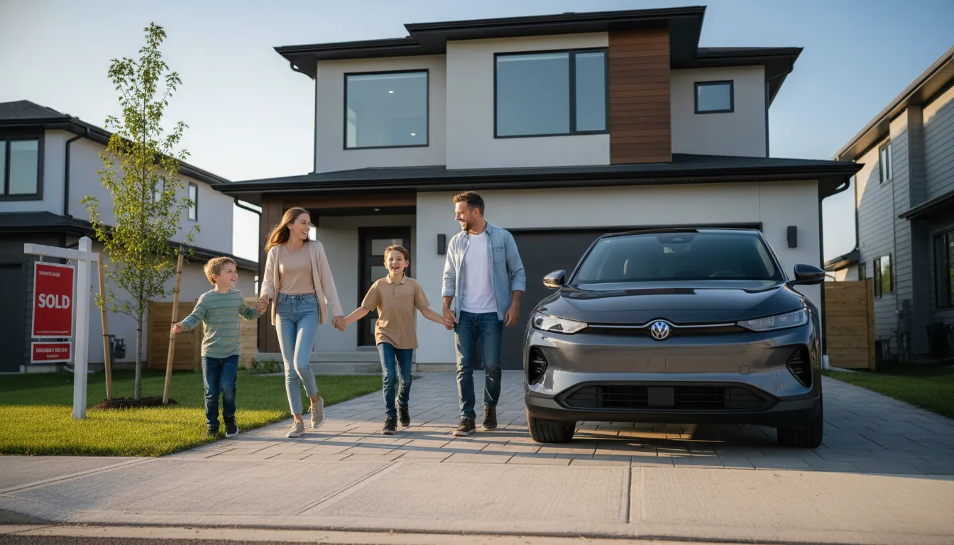 Família feliz caminhando para carro novo e casa, simbolizando reorganização financeira pós-refinanciamento de veículo.