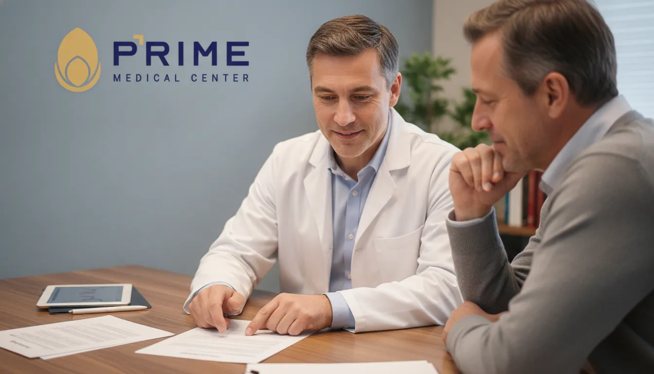 Médico explicando resultados de exames a paciente, destacando check-up saude do homem exames essenciais. Atendimento Prime Medical.