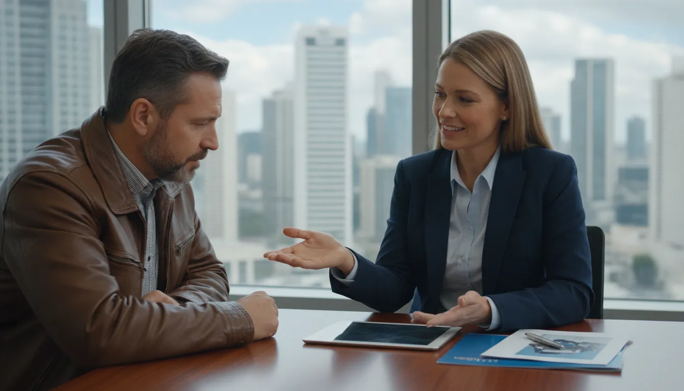 Consultor explicando detalhes de financiamento de caminhão a cliente, Financia Tudo oferece suporte.