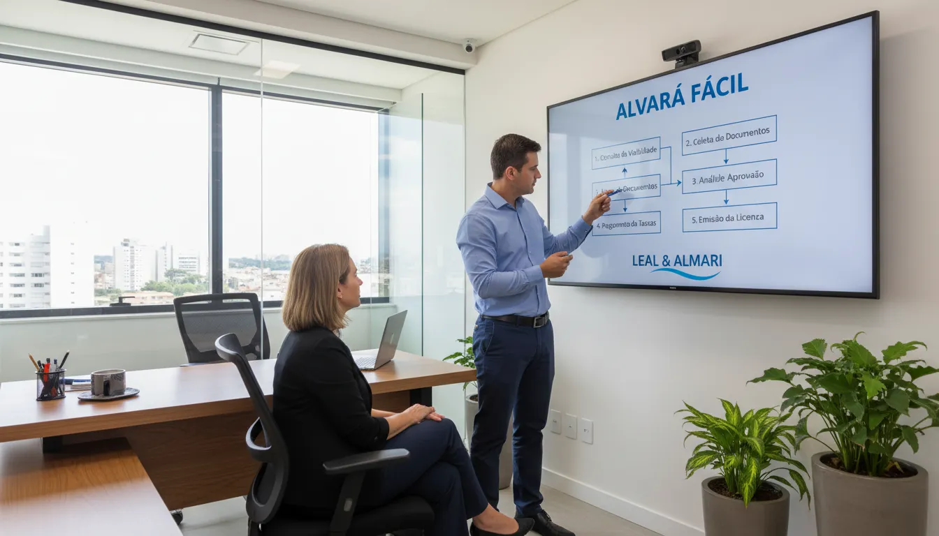 Consultor da Leal e Almari Assessoria Contábil explicando o processo de alvará de funcionamento em Marília SP para um cliente, com um fluxograma ilustrativo.