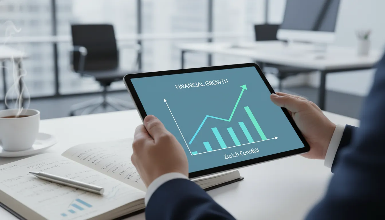 Imagem de um escritório moderno com foco em um tablet exibindo gráficos de crescimento financeiro, representando a assessoria para o parcelamento simples nacional.