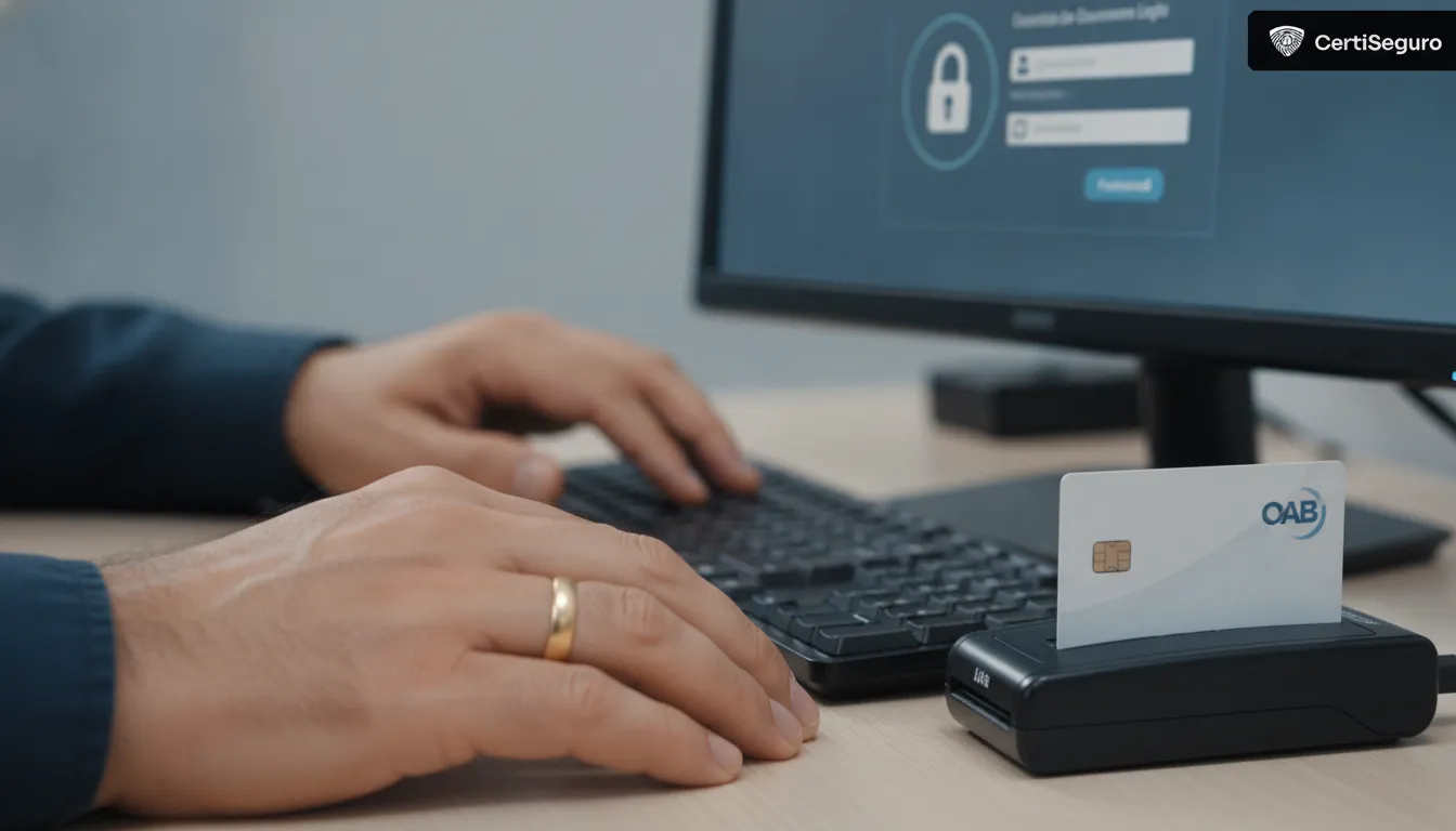 Mãos de advogado usando certificado digital OAB em leitor de smart card para acesso seguro.