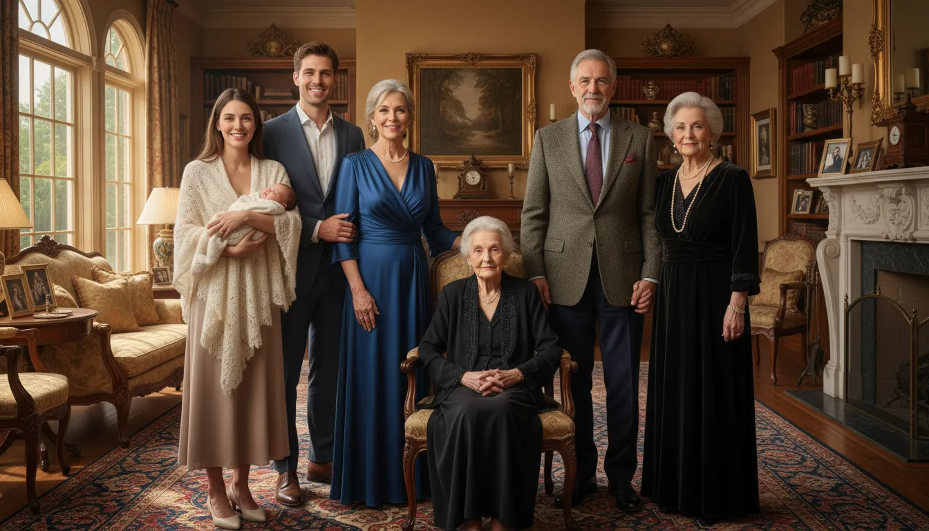 A portrait celebrating the richness of convivência across six generations, symbolizing a strong family legacy and collective support.
