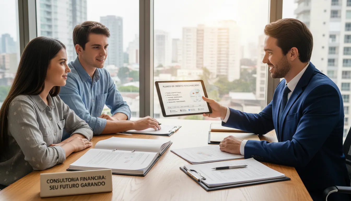 Consultor financeiro explicando opções de crédito com garantia para família de forma transparente.