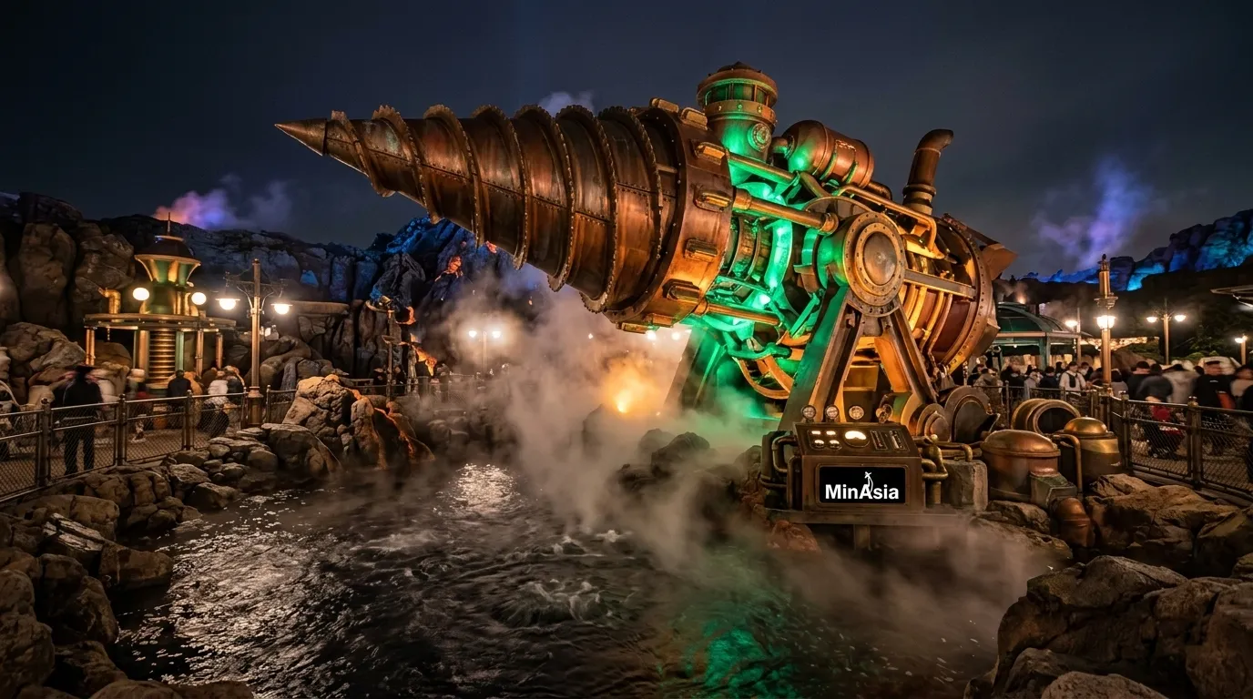 Iluminacao noturna misteriosa na lagoa vulcanica da atracao disneysea