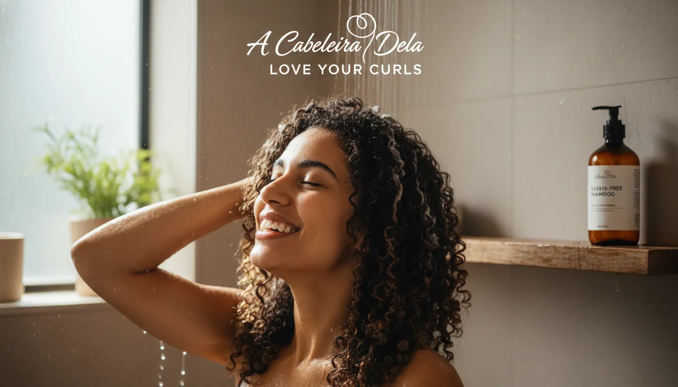 Mulher de cabelos cacheados lavando os cabelos com shampoo adequado, facilitando como escolher shampoo.