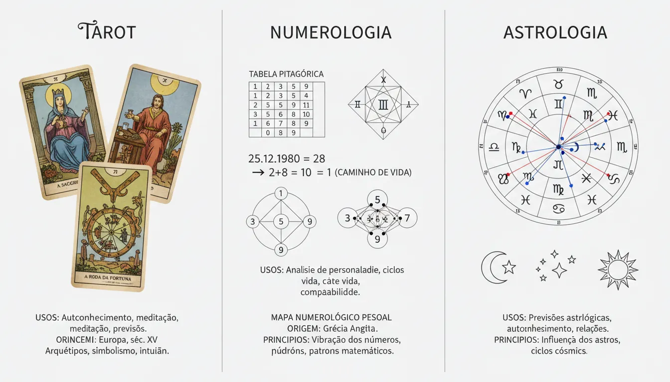 Infográfico comparando tarot, numerologia e astrologia, detalhando suas origens, princípios e usos em português de forma clara e informativa.