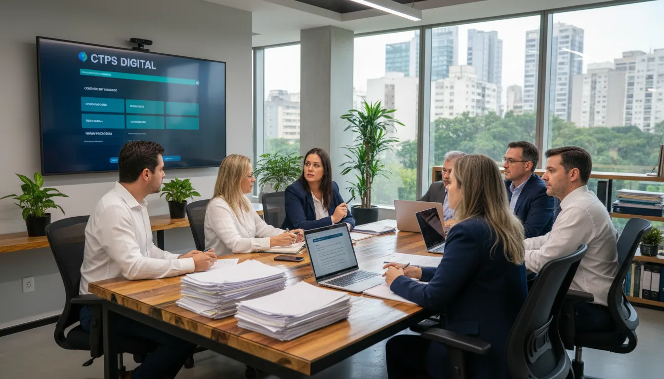 Equipe discutindo direitos trabalhistas com interface da CTPS digital ao fundo