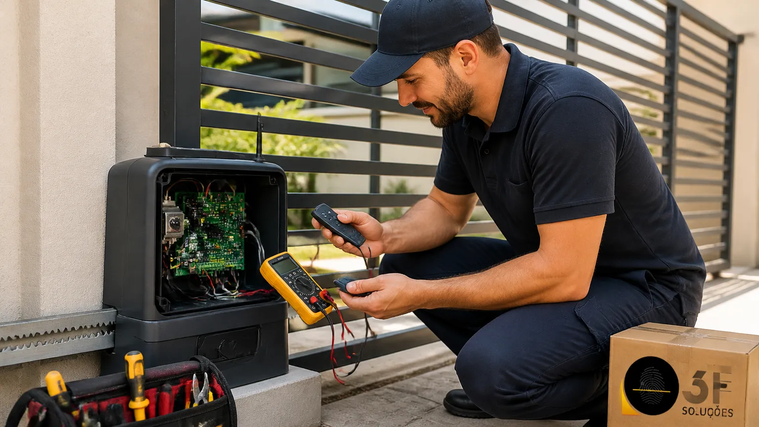 Técnico configurando controles para motor de portão em Fortaleza com ferramentas de automação residencial.