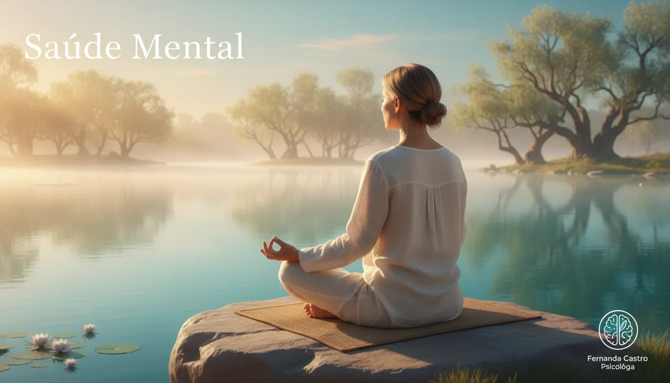 Uma pessoa medita em um ambiente sereno, promovendo a redução do estresse e alívio do esgotamento emocional. O logo da Psicóloga Fernanda Castro está discretamente posicionado.