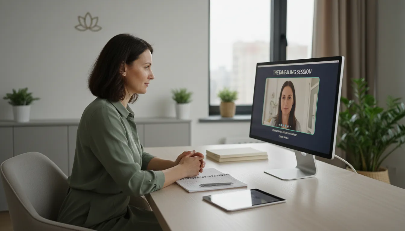 Terapeuta guiando sessão de Thetahealing online em ambiente moderno e tranquilo.