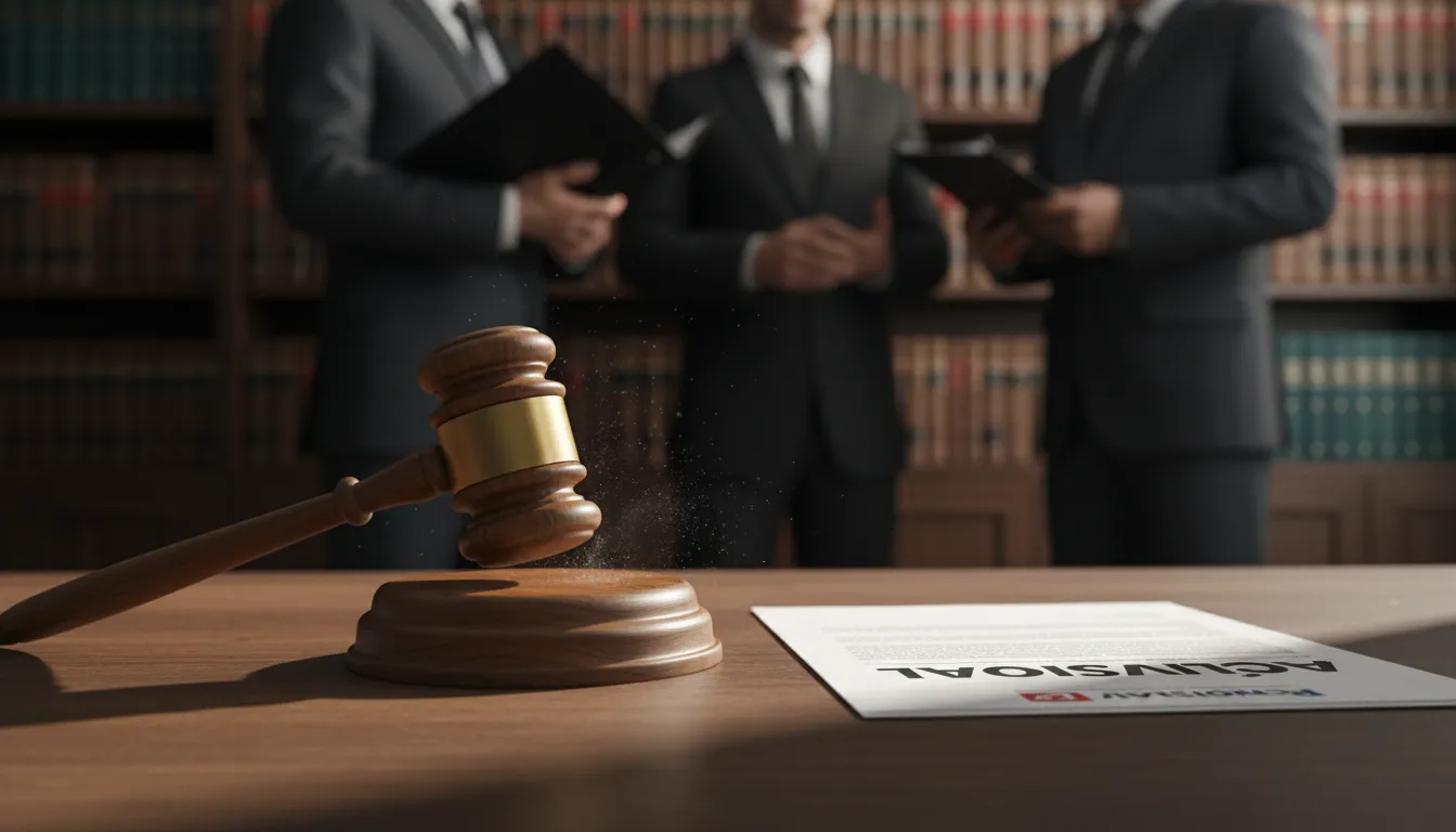 Martelo de juiz em tribunal, simbolizando a ação revisional contra juros abusivos empresa. Imagem ilustra a busca por soluções legais.